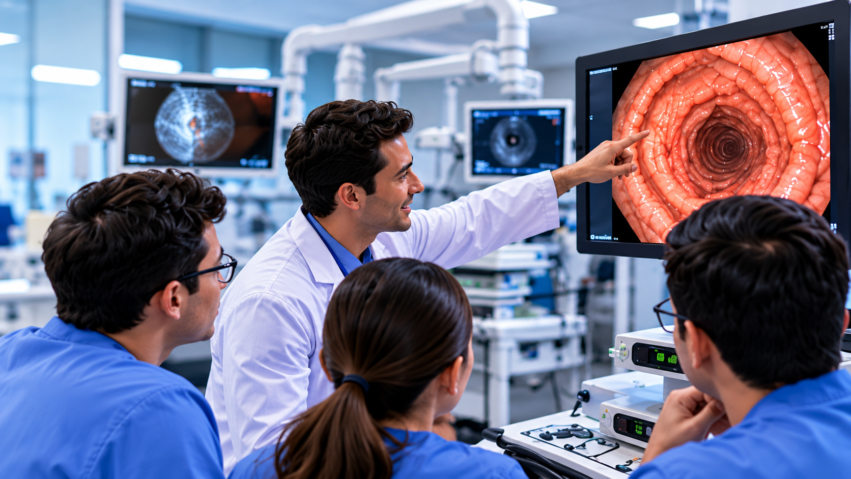 GI fellows gathered around a monitor reviewing an endoscopy image with a mentor in a clinical lab